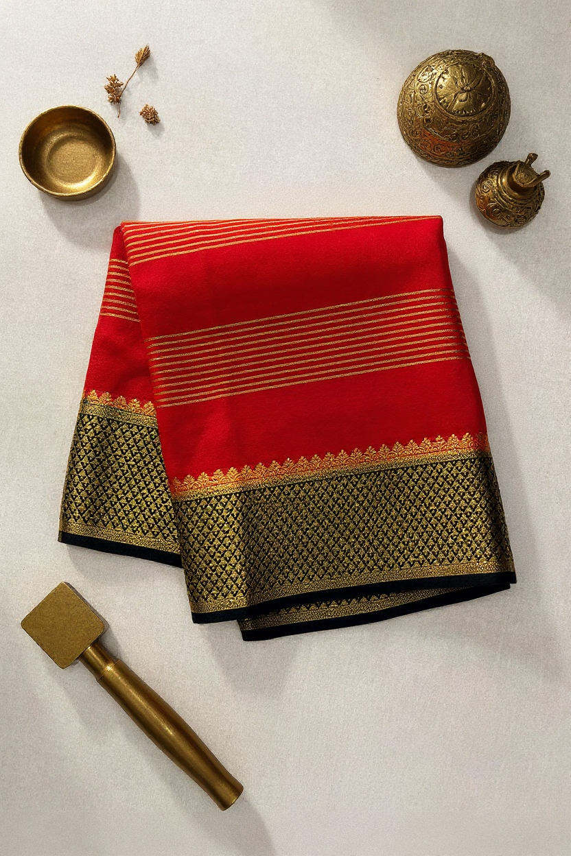 Red & Black Saree with Premium Golden Zari Border