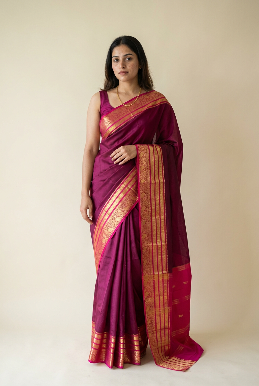 Elegant Maroon Crape Saree with Light Pink Border by Silk Studio