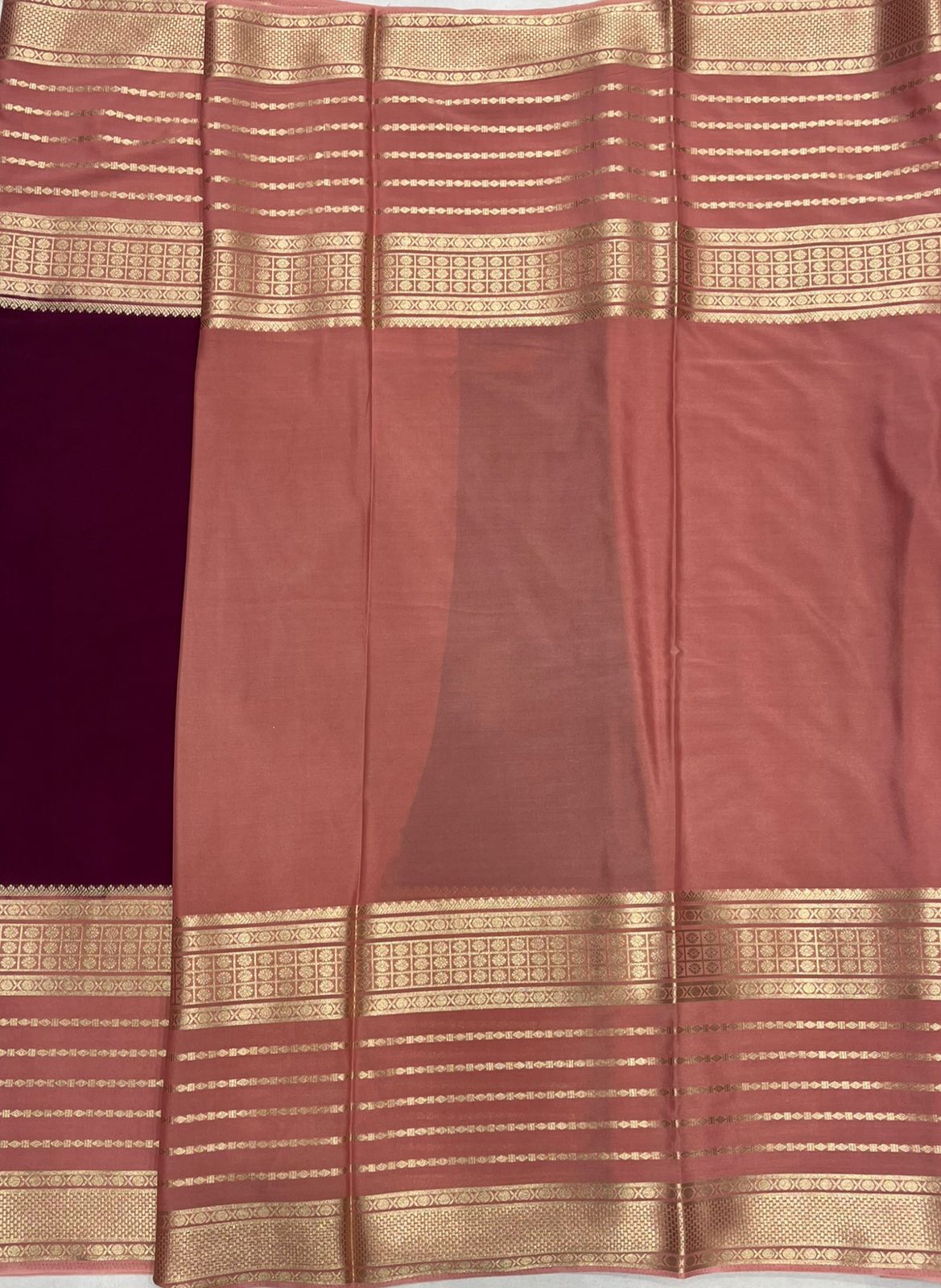 Maroon Premium Crape Saree with Pink striped border.