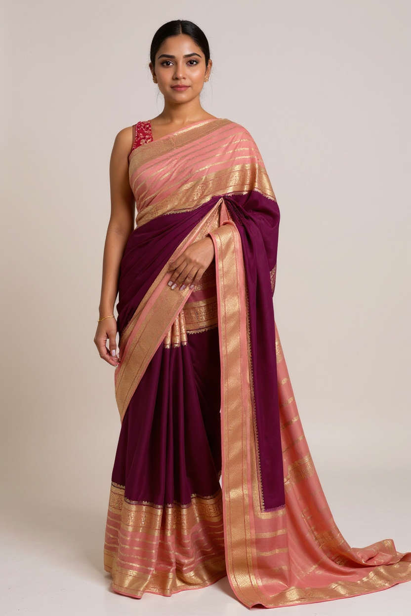 Maroon Premium Crape Saree with Pink striped border.