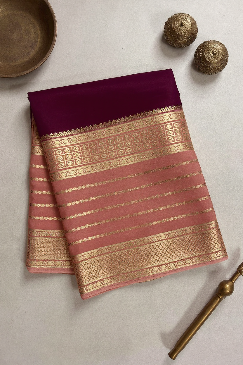 Maroon Premium Crape Saree with Pink striped border.