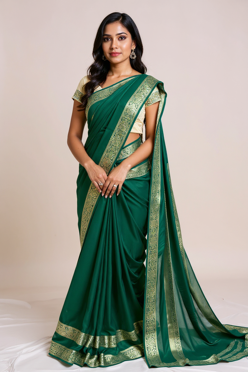 Dark Green Elegant Crape Saree with Silver border.