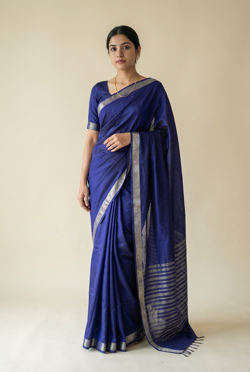Graceful Navy Blue Crape Saree with Silver Zari Work – Silk Studio