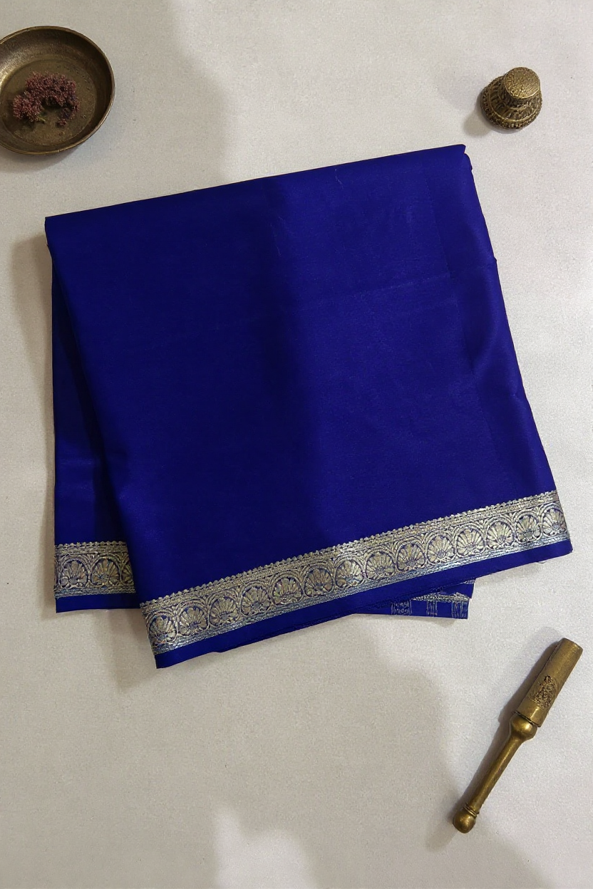 Graceful Navy Blue Crape Saree with Silver Zari Work – Silk Studio