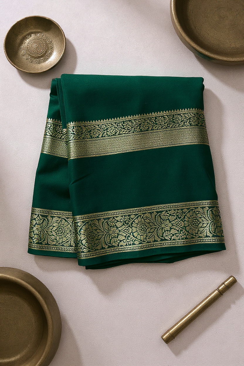Dark Green Elegant Crape Saree with Silver border.