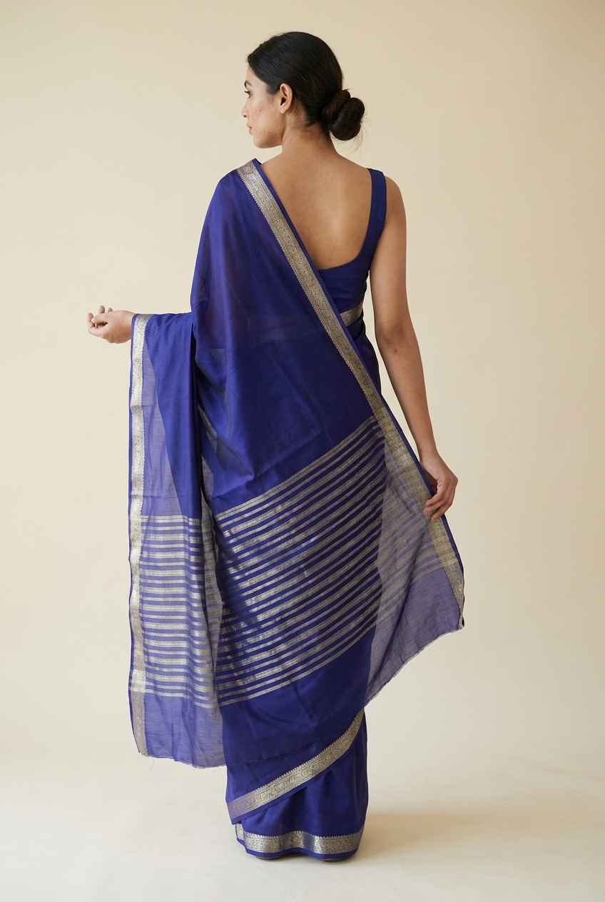 Graceful Navy Blue Crape Saree with Silver Zari Work – Silk Studio