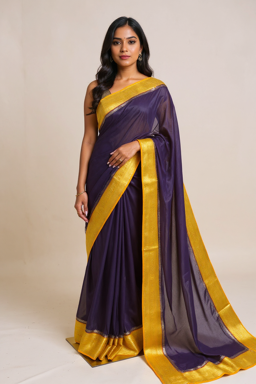 Navy Blue Crape Saree with Premium Yellow border.