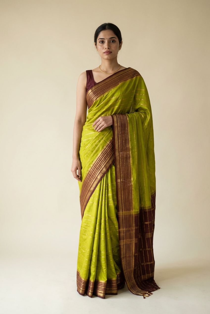 Silk Studio Parrot Green Crape Saree with Brown Contrast Border.