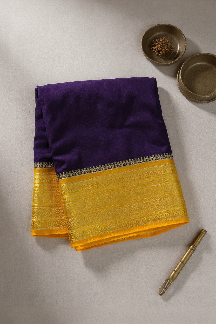Navy Blue Crape Saree with Premium Yellow border.