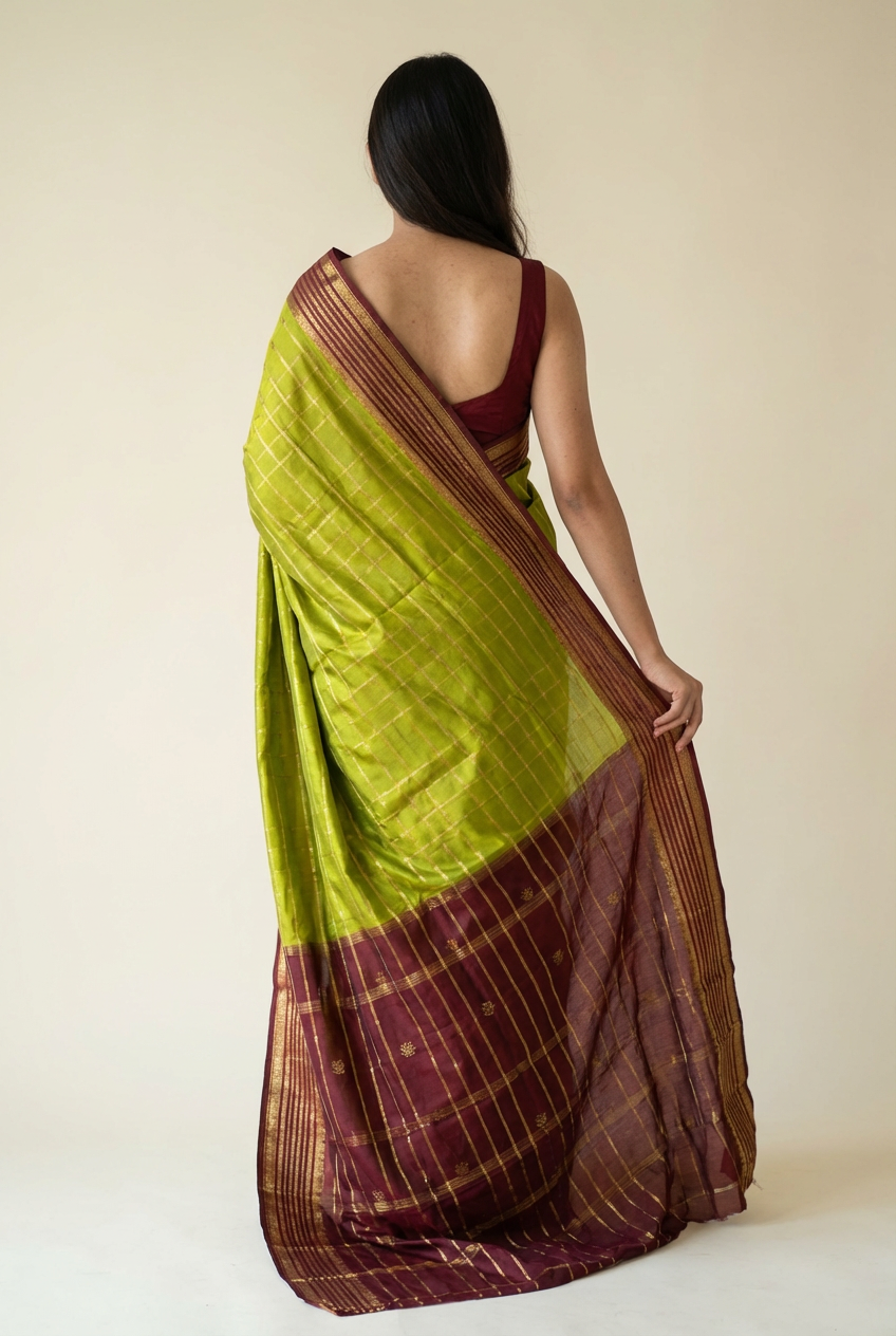 Silk Studio Parrot Green Crape Saree with Brown Contrast Border.