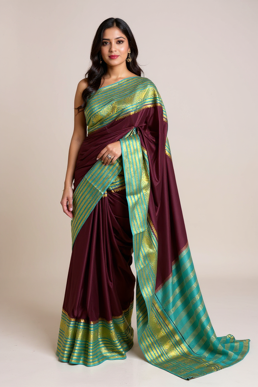 Dark Maroon Crape Saree with Premium Blue Striped border.