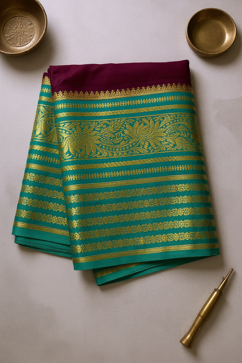 Dark Maroon Crape Saree with Premium Blue Striped border.