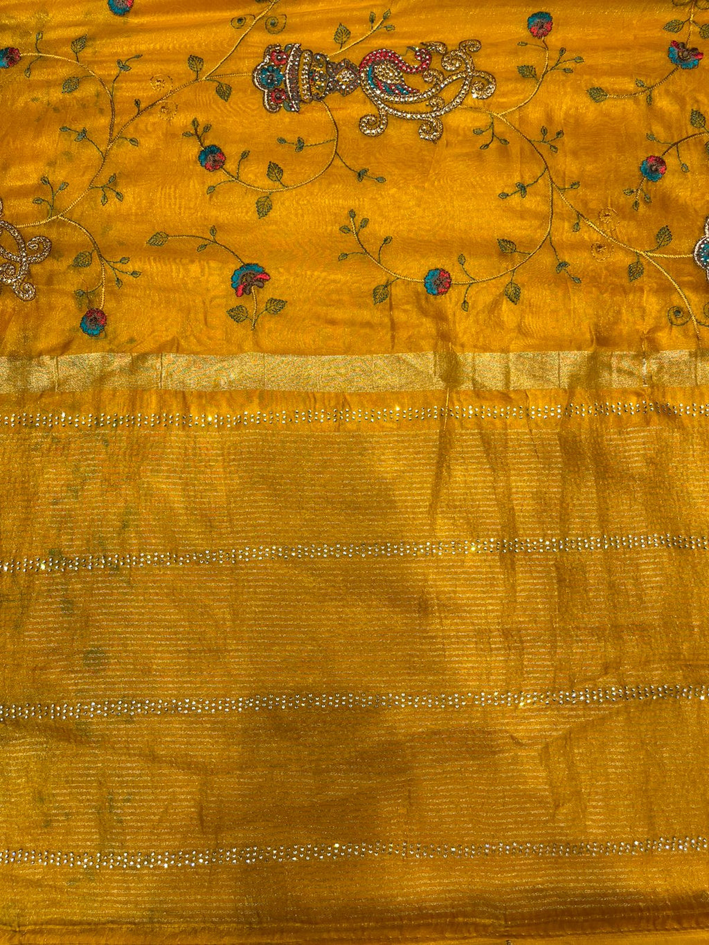Fancy Mustard Yellow Saree with Rich Gold Border and Printed Motifs