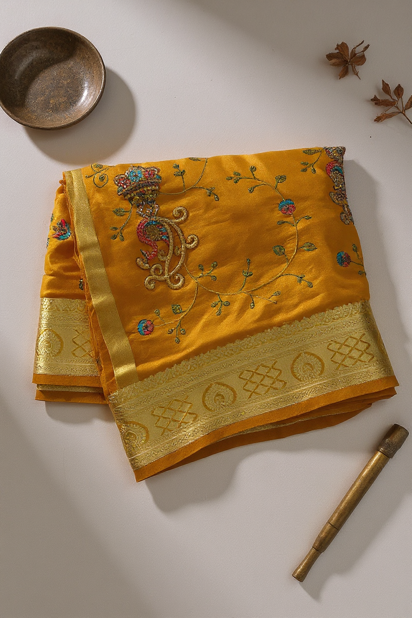 Fancy Mustard Yellow Saree with Rich Gold Border and Printed Motifs