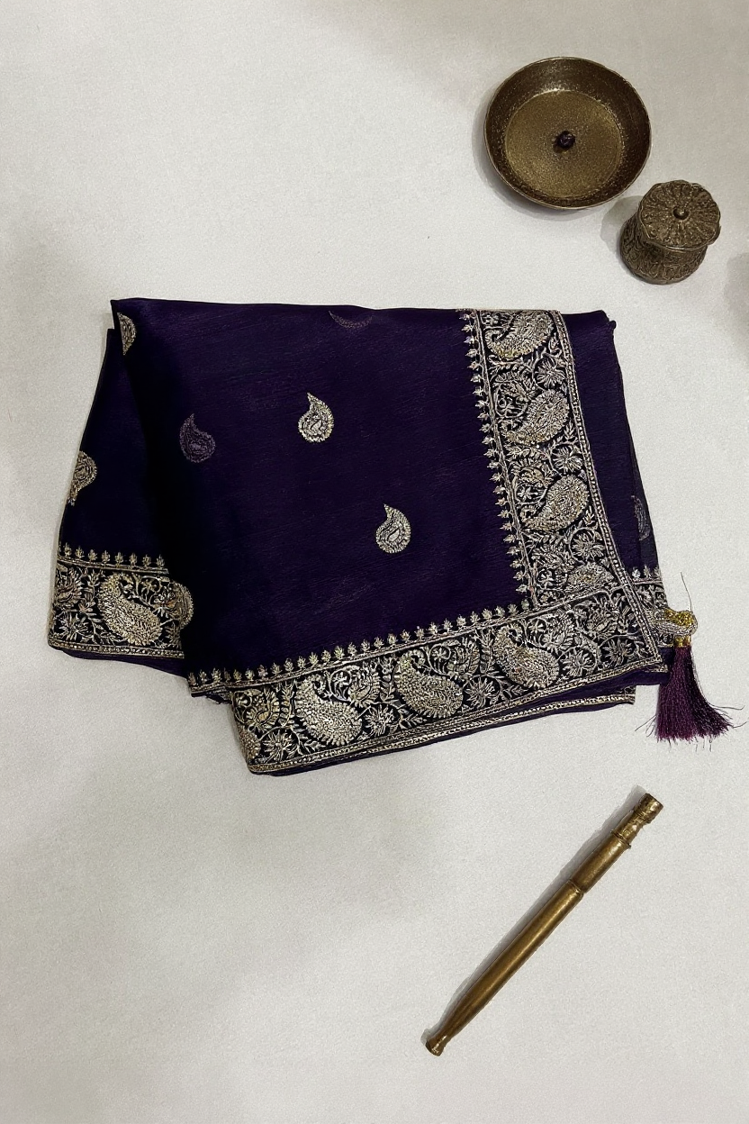 Fancy Navy Blue Saree with Rich Gold Woven Border