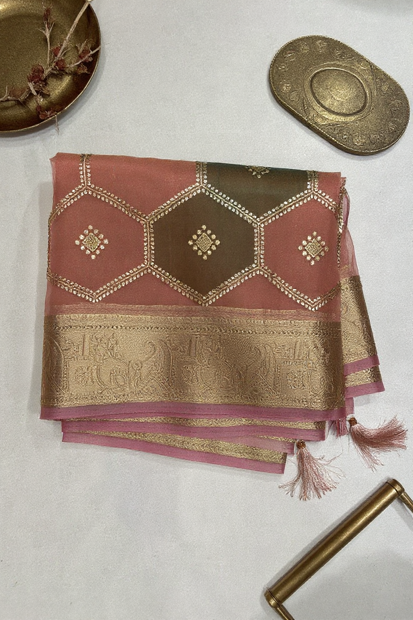 Fancy Light Orange Saree with Multicolor Geometric Design