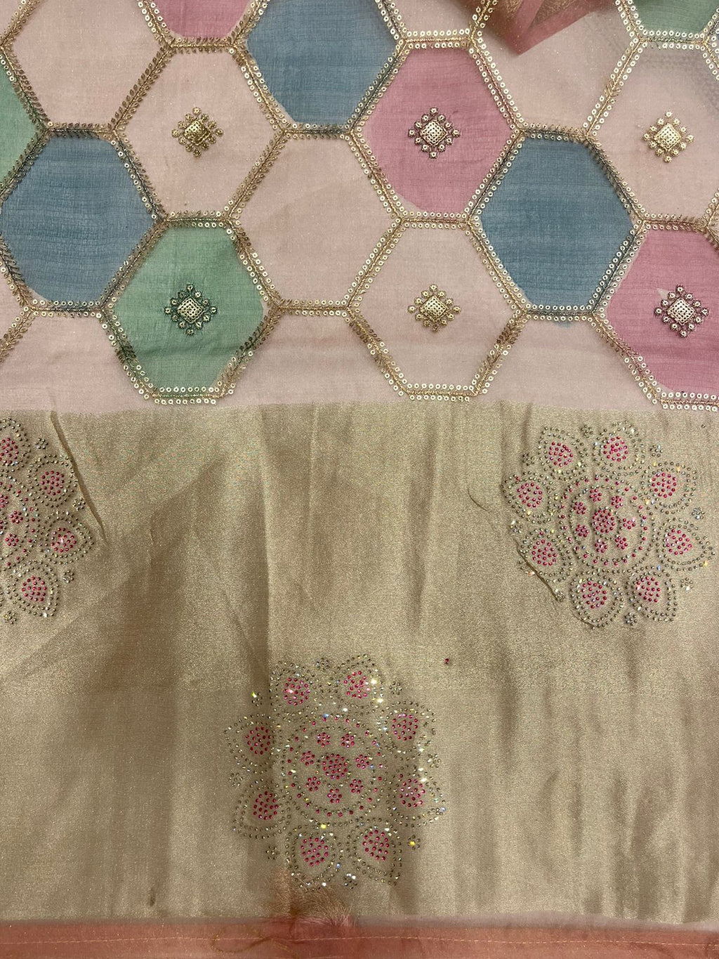 Fancy Light Orange Saree with Multicolor Geometric Design