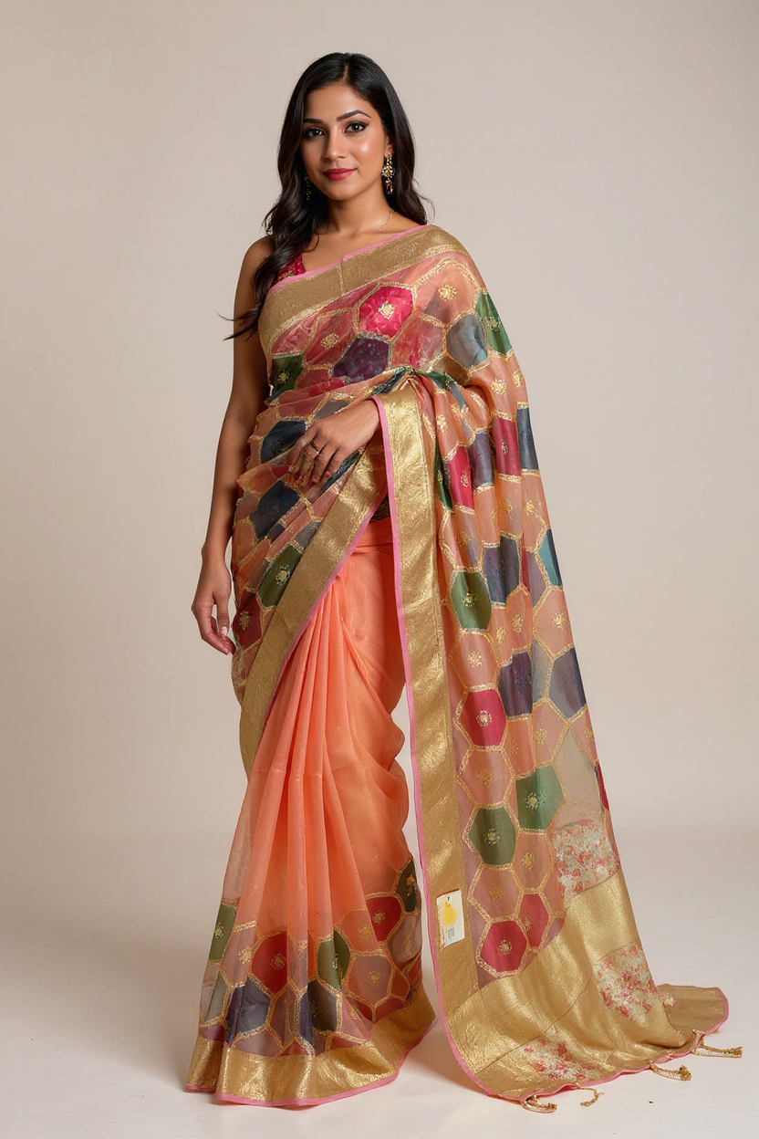 Fancy Light Orange Saree with Multicolor Geometric Design