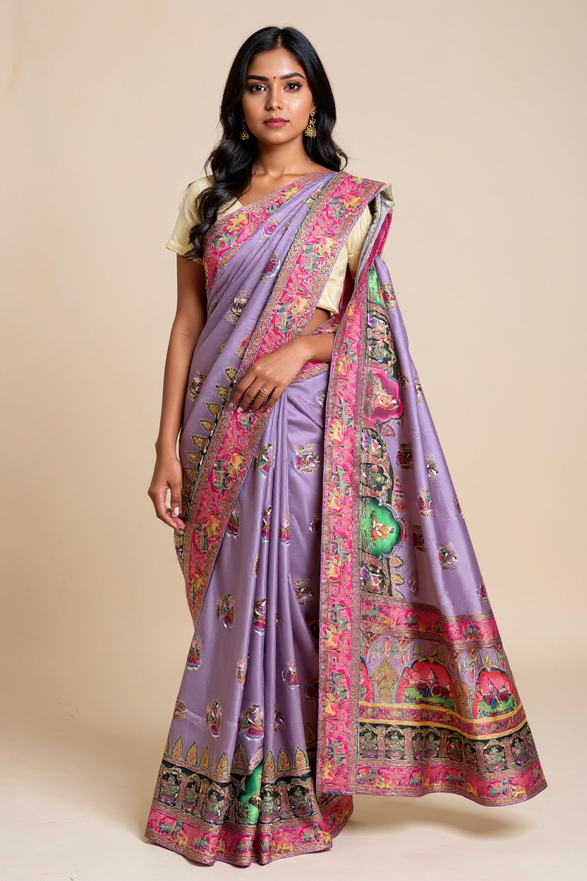 Fancy Dark Lavender Saree with Intricate Artistic Prints