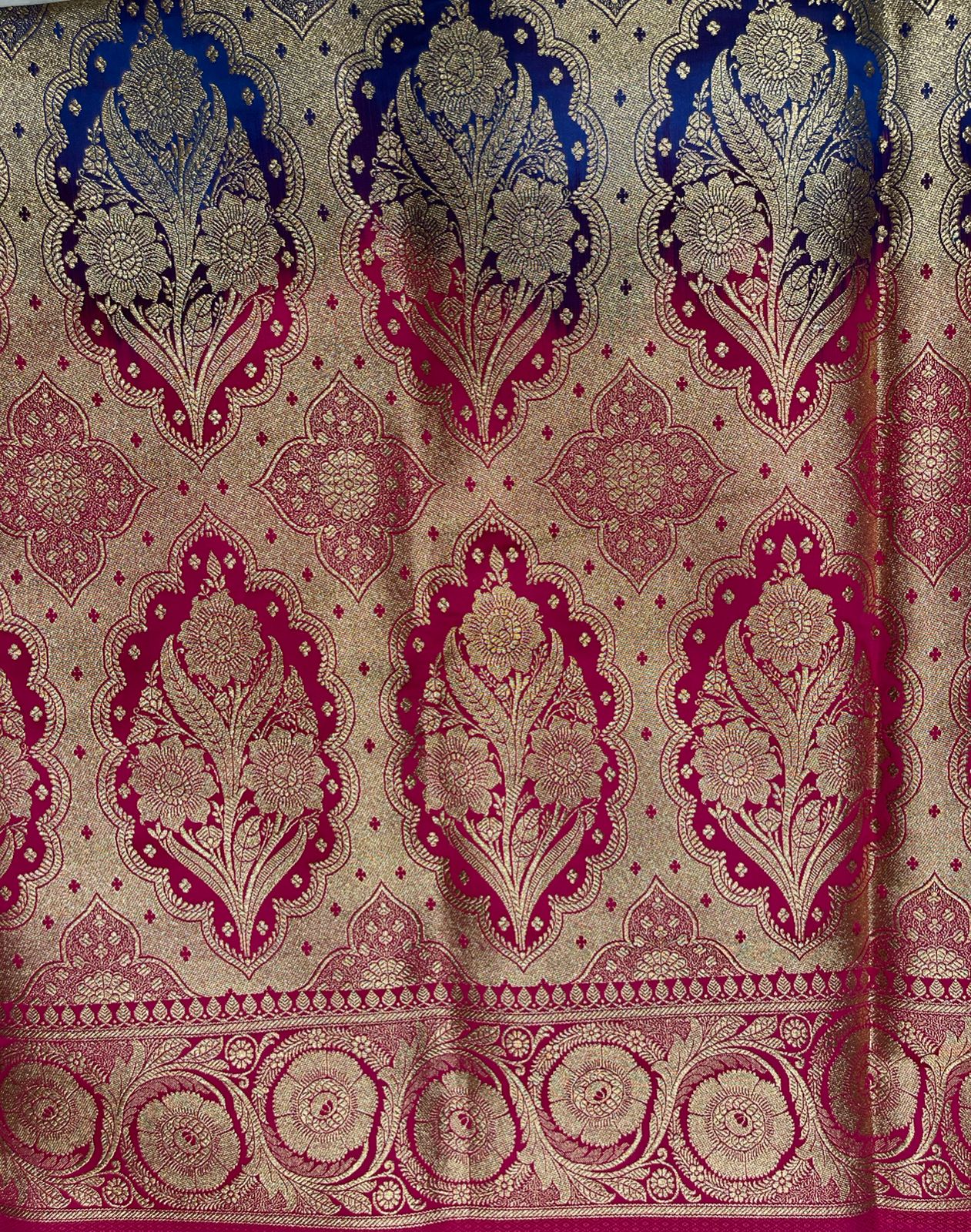 Fancy Peacock Blue Saree with Rich Gold and Pink Border