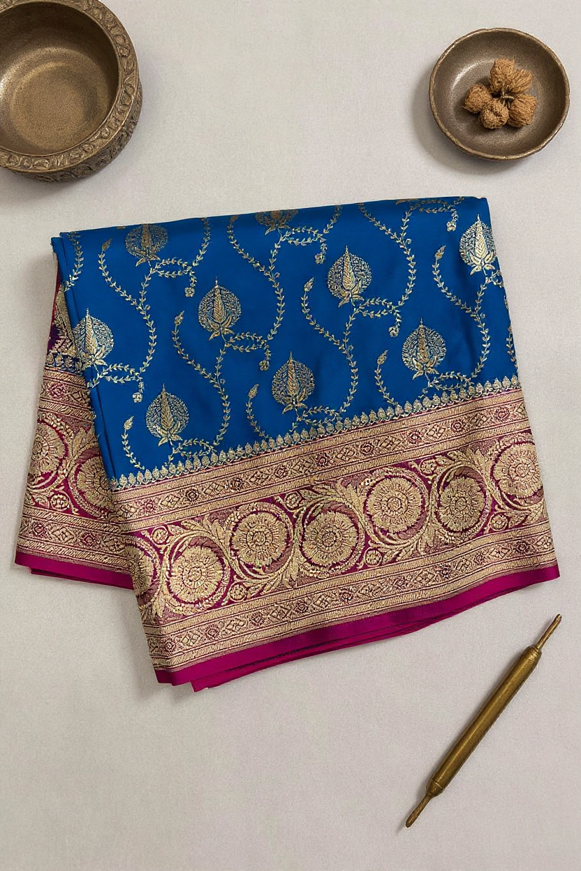 Fancy Peacock Blue Saree with Rich Gold and Pink Border