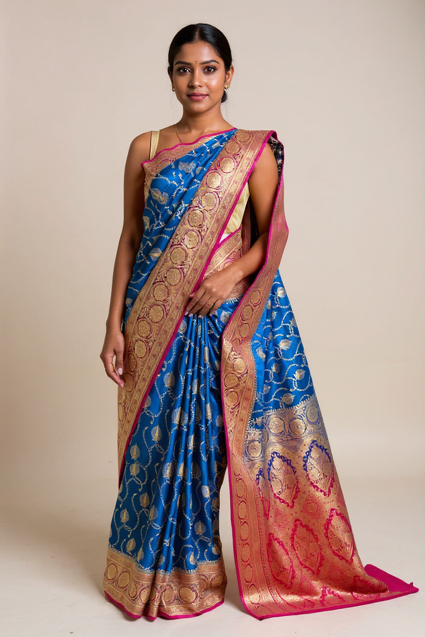 Fancy Peacock Blue Saree with Rich Gold and Pink Border