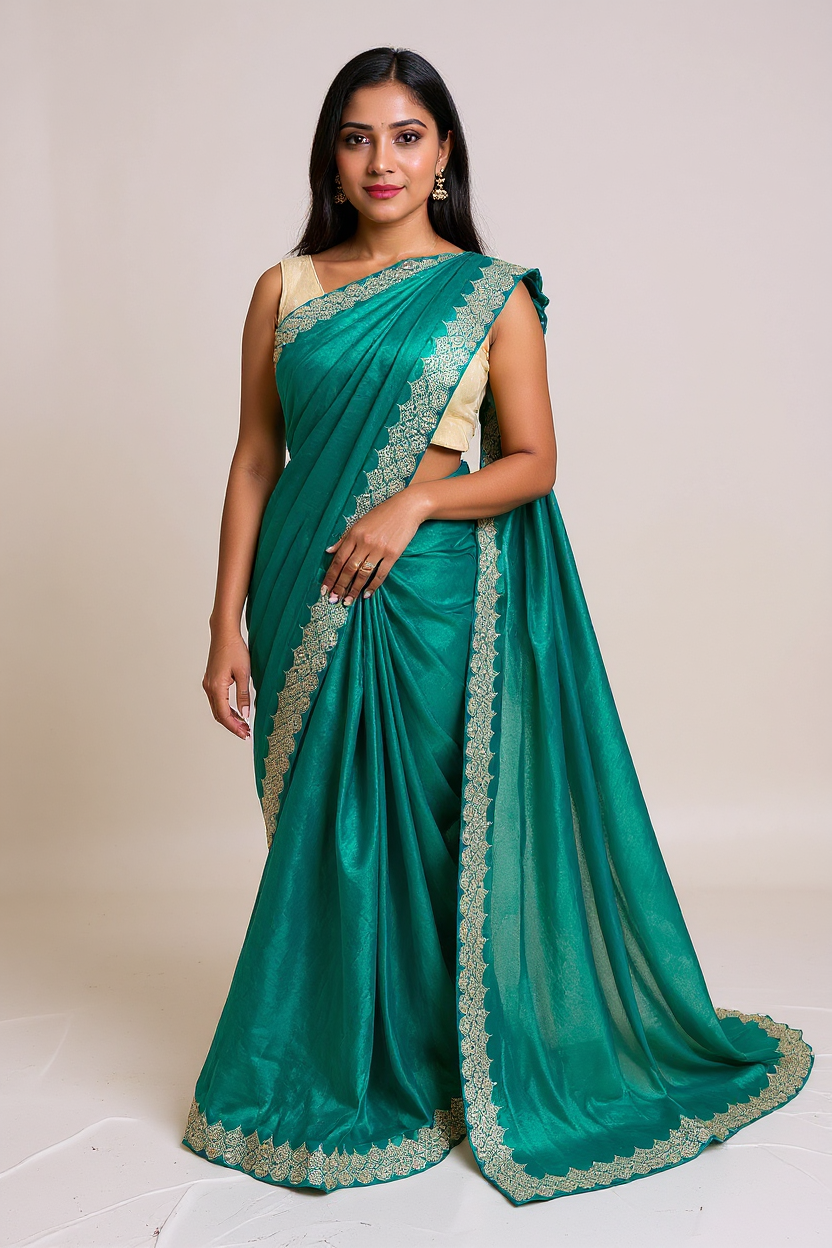 Fancy Rama Green Saree with Elegant Gold Lace Border