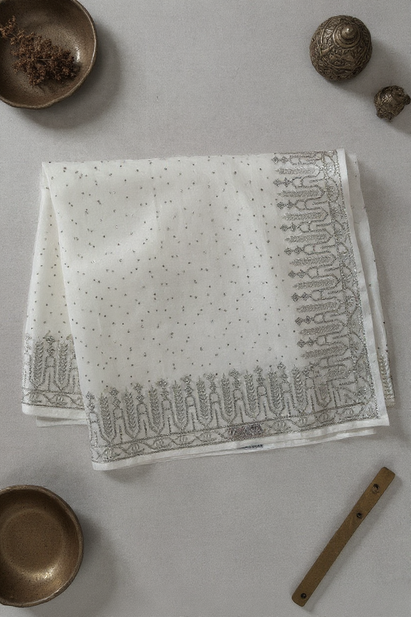 Fancy White Digital Printed Saree with Elegant Silver Border