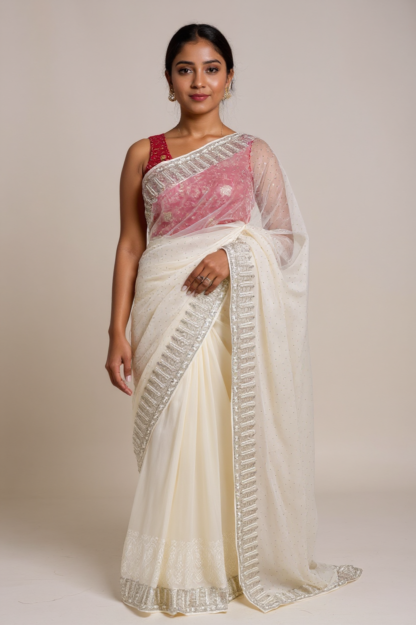 Fancy White Digital Printed Saree with Elegant Silver Border