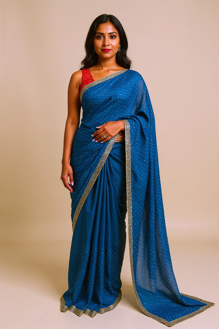 Fancy Royal Blue Digital Printed Saree with Elegant Gold Border