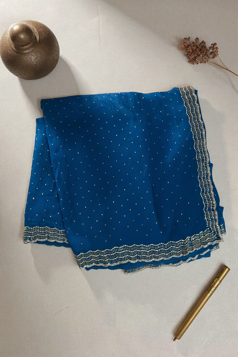 Fancy Royal Blue Digital Printed Saree with Elegant Gold Border