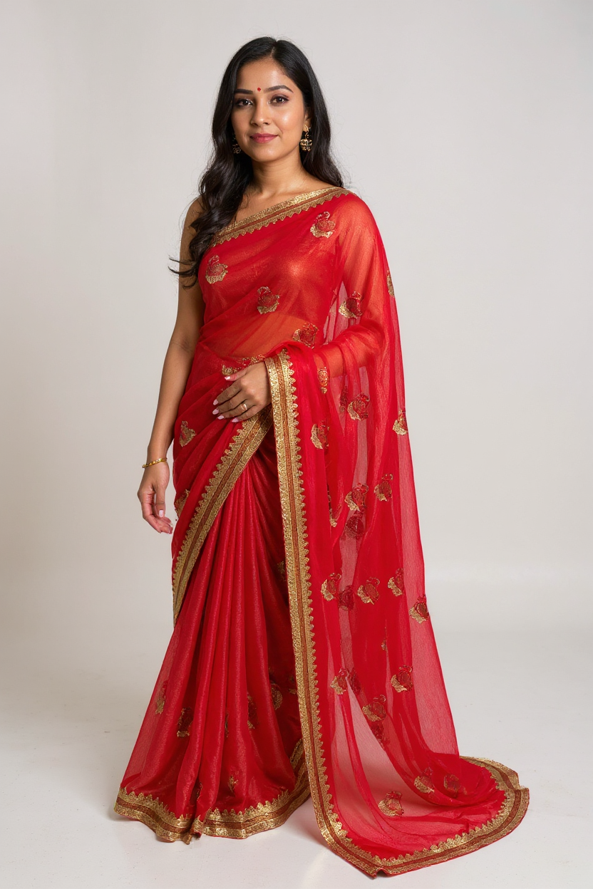 Fancy Red Embroidered Saree with Elegant Gold Border