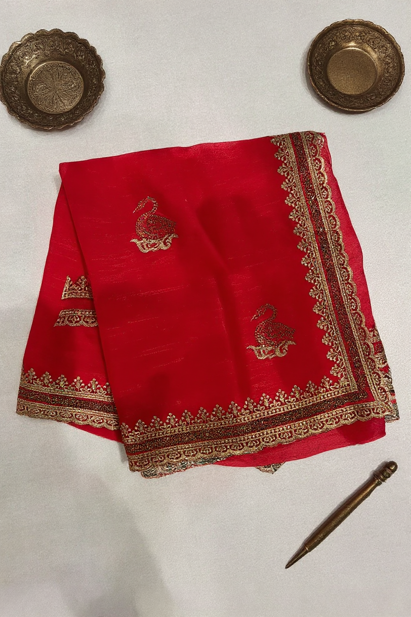 Fancy Red Embroidered Saree with Elegant Gold Border