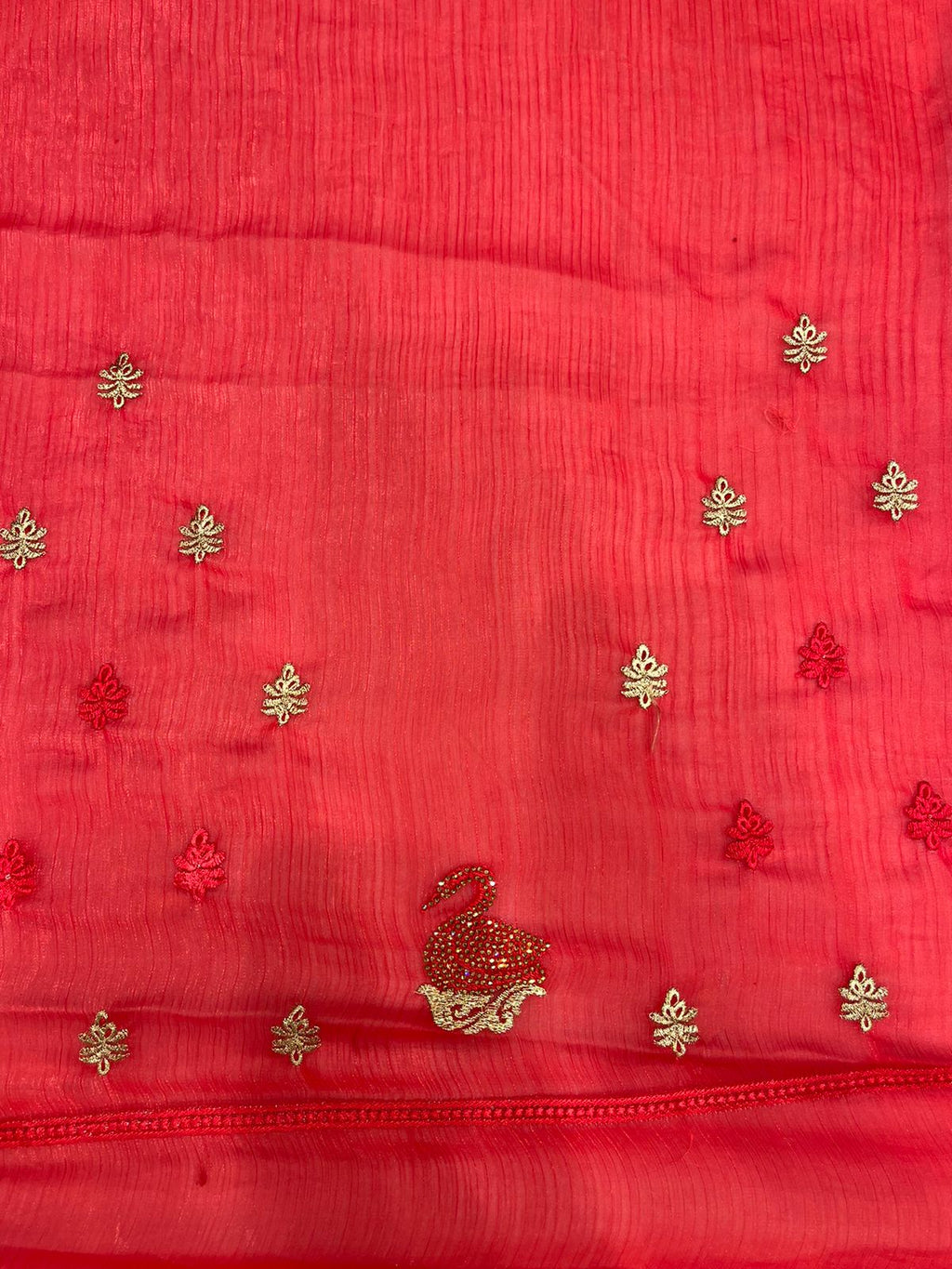 Fancy Red Embroidered Saree with Elegant Gold Border