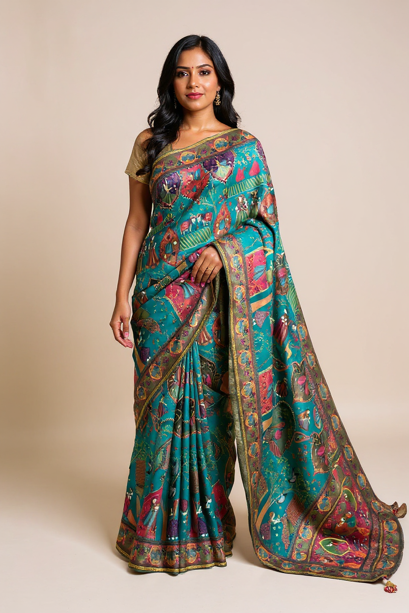Fancy Teal Green Digital Printed Saree with Traditional Motifs