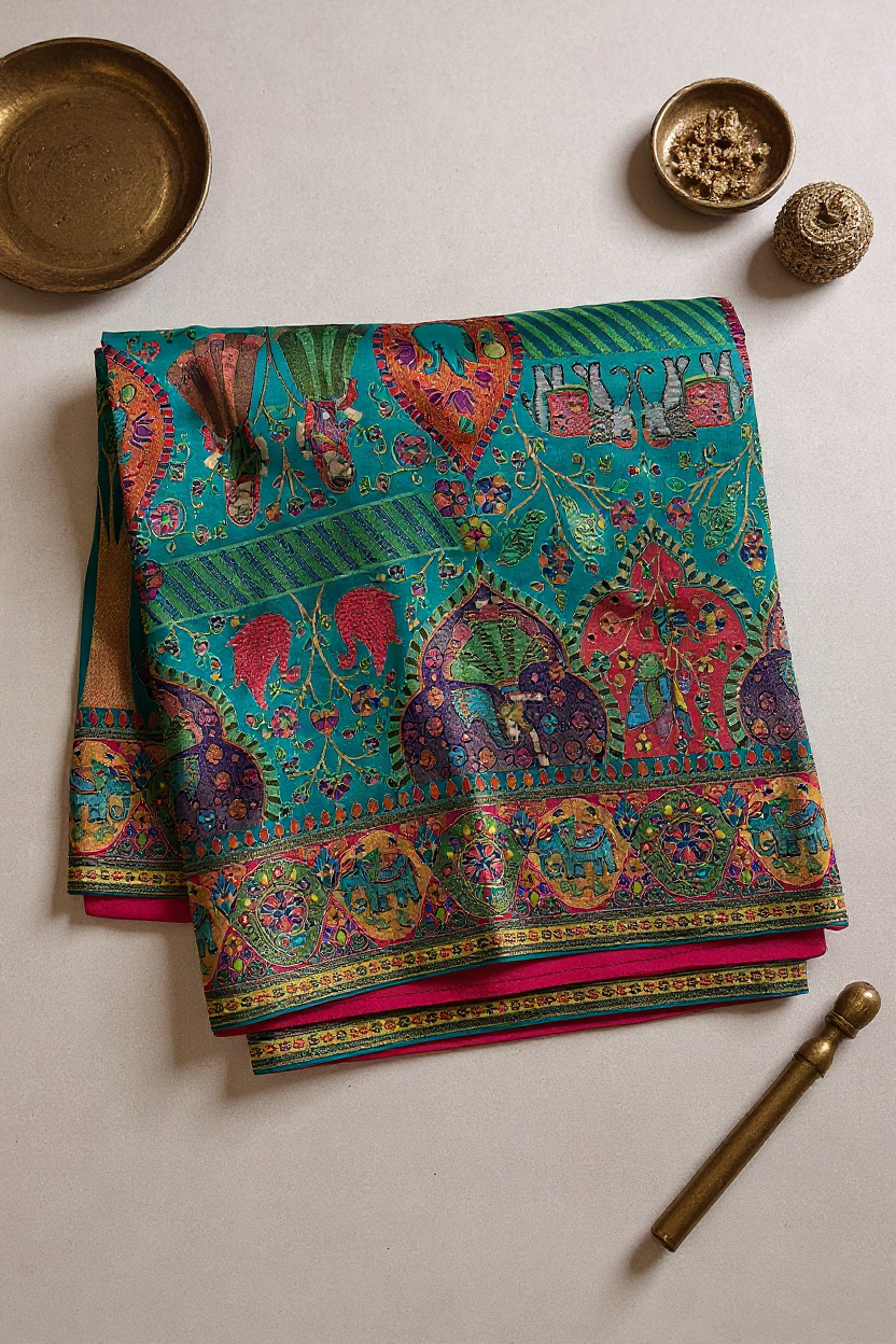 Fancy Teal Green Digital Printed Saree with Traditional Motifs
