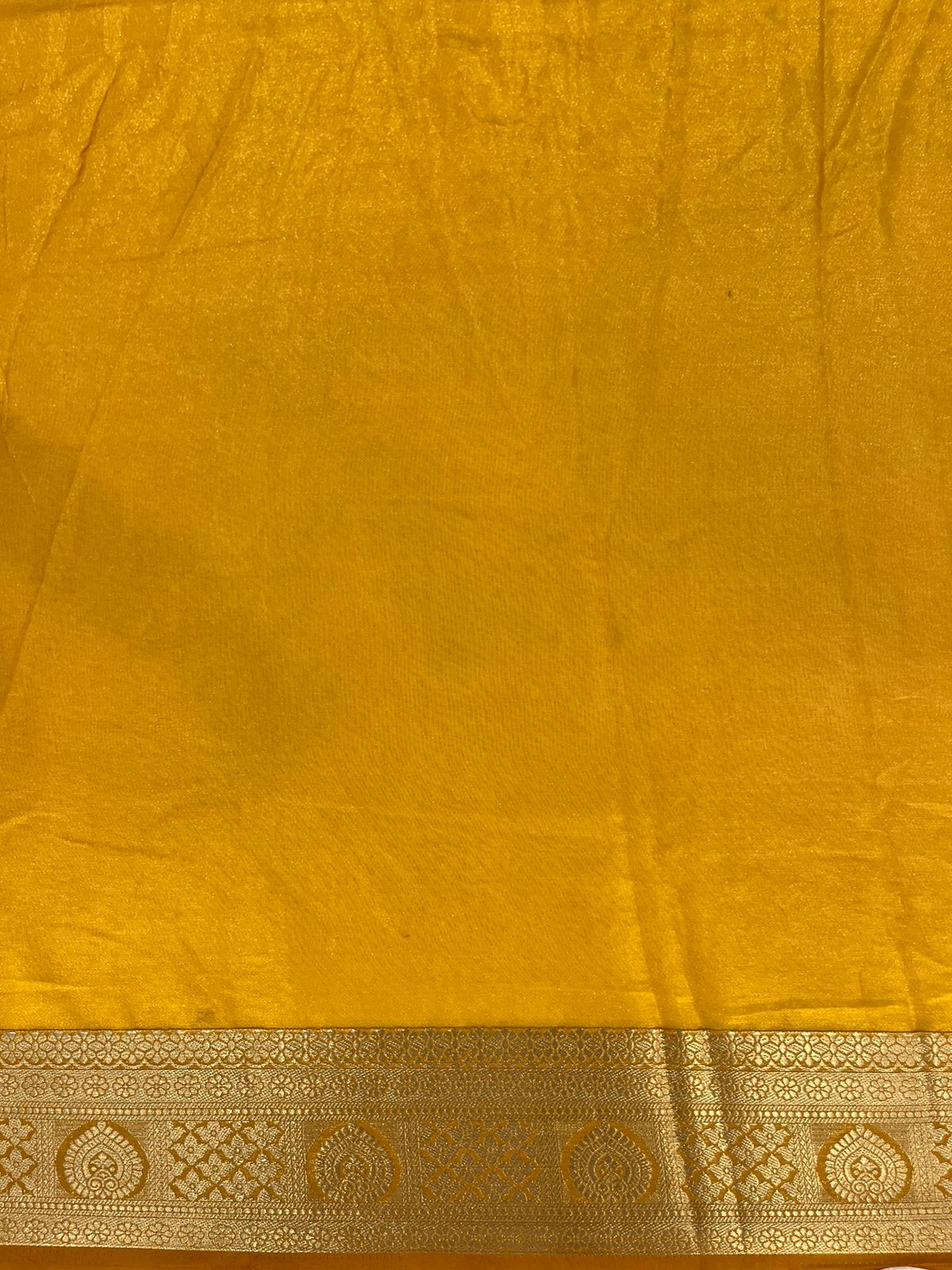 Fancy Mustard Yellow Saree with Rich Gold Border and Printed Motifs