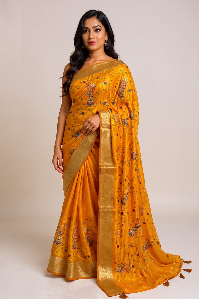 Fancy Mustard Yellow Saree with Rich Gold Border and Printed Motifs