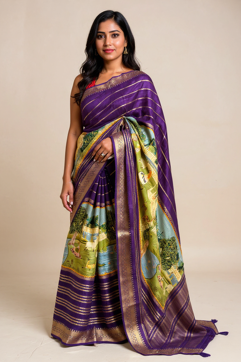 Fancy Kalamkari Printed Saree with Elegant Purple Border