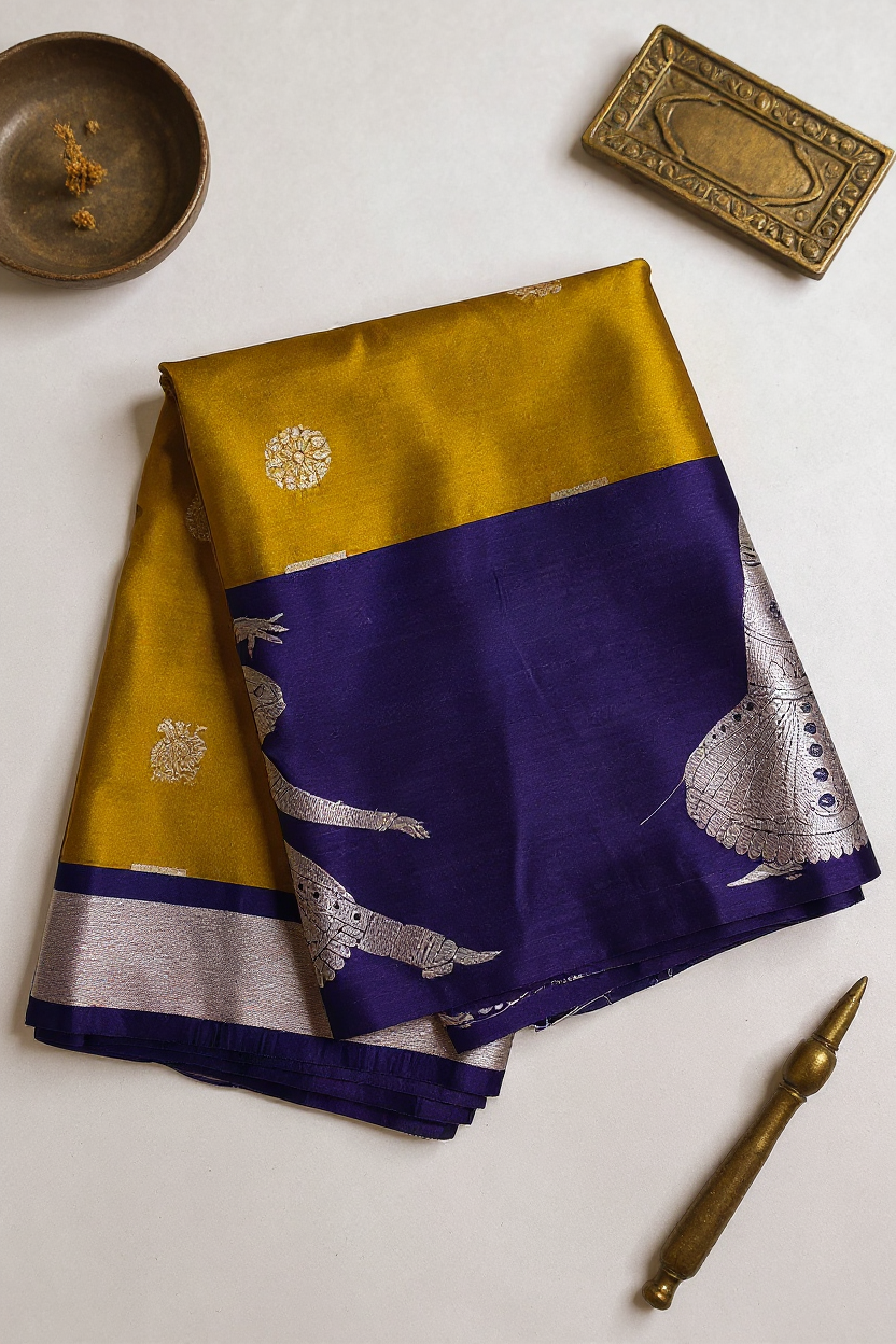 Fancy Mustard Yellow Saree with Elegant Purple Border