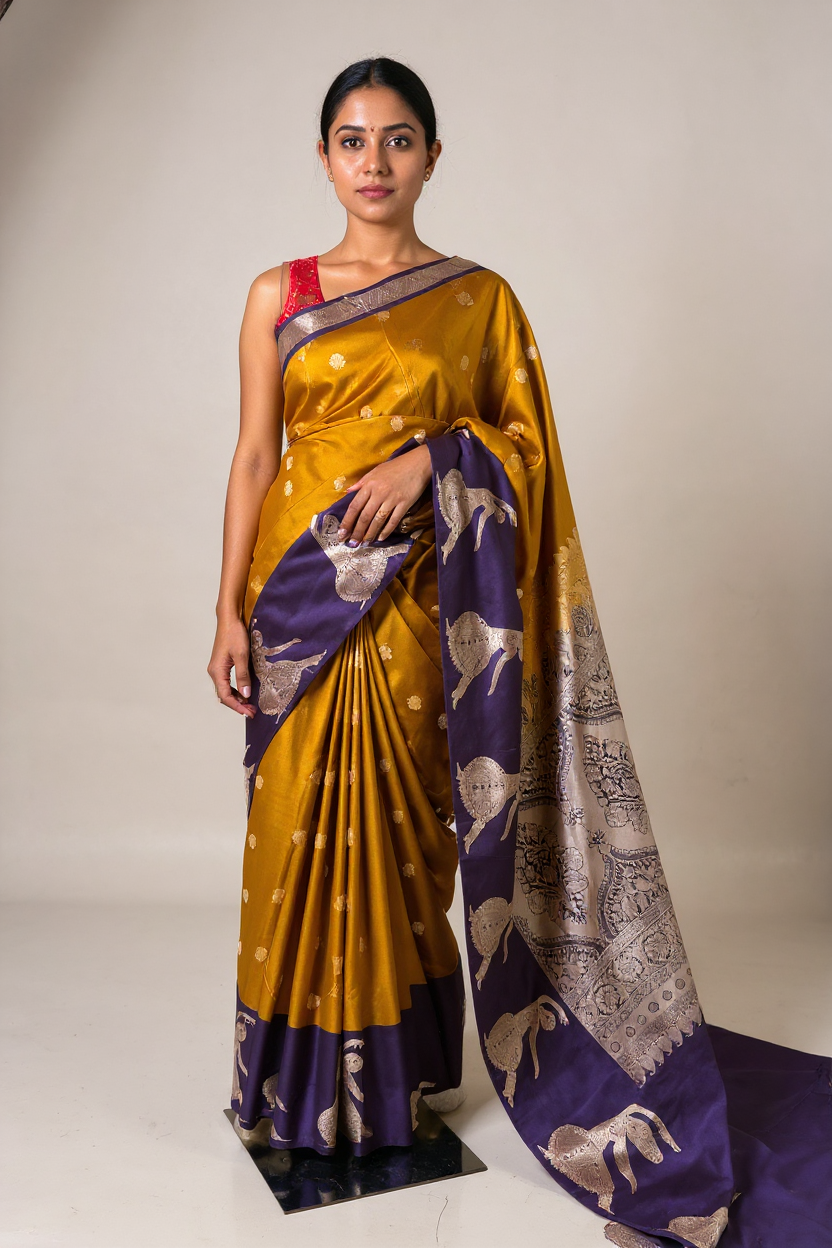 Fancy Mustard Yellow Saree with Elegant Purple Border