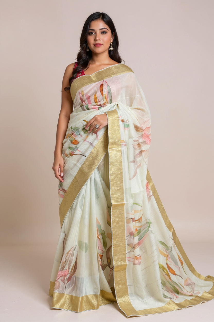Fancy White Digital Printed Saree with Elegant Gold Border