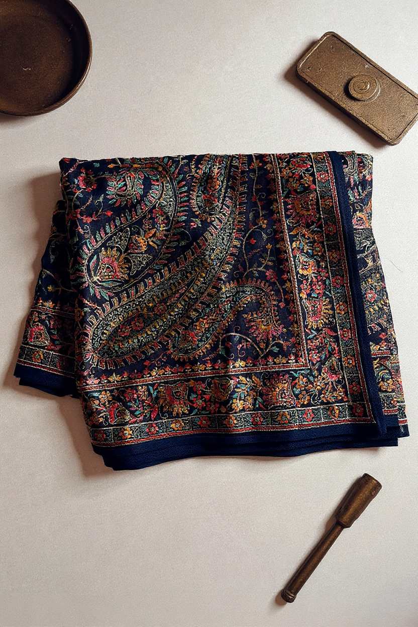 Fancy Navy Blue Saree with Intricate Floral and Paisley Prints