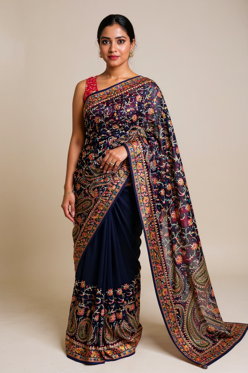 Fancy Navy Blue Saree with Intricate Floral and Paisley Prints