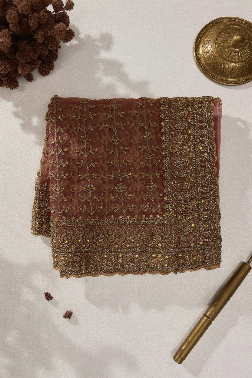 Fancy Peach Pink Saree with Elegant Golden Embroidery