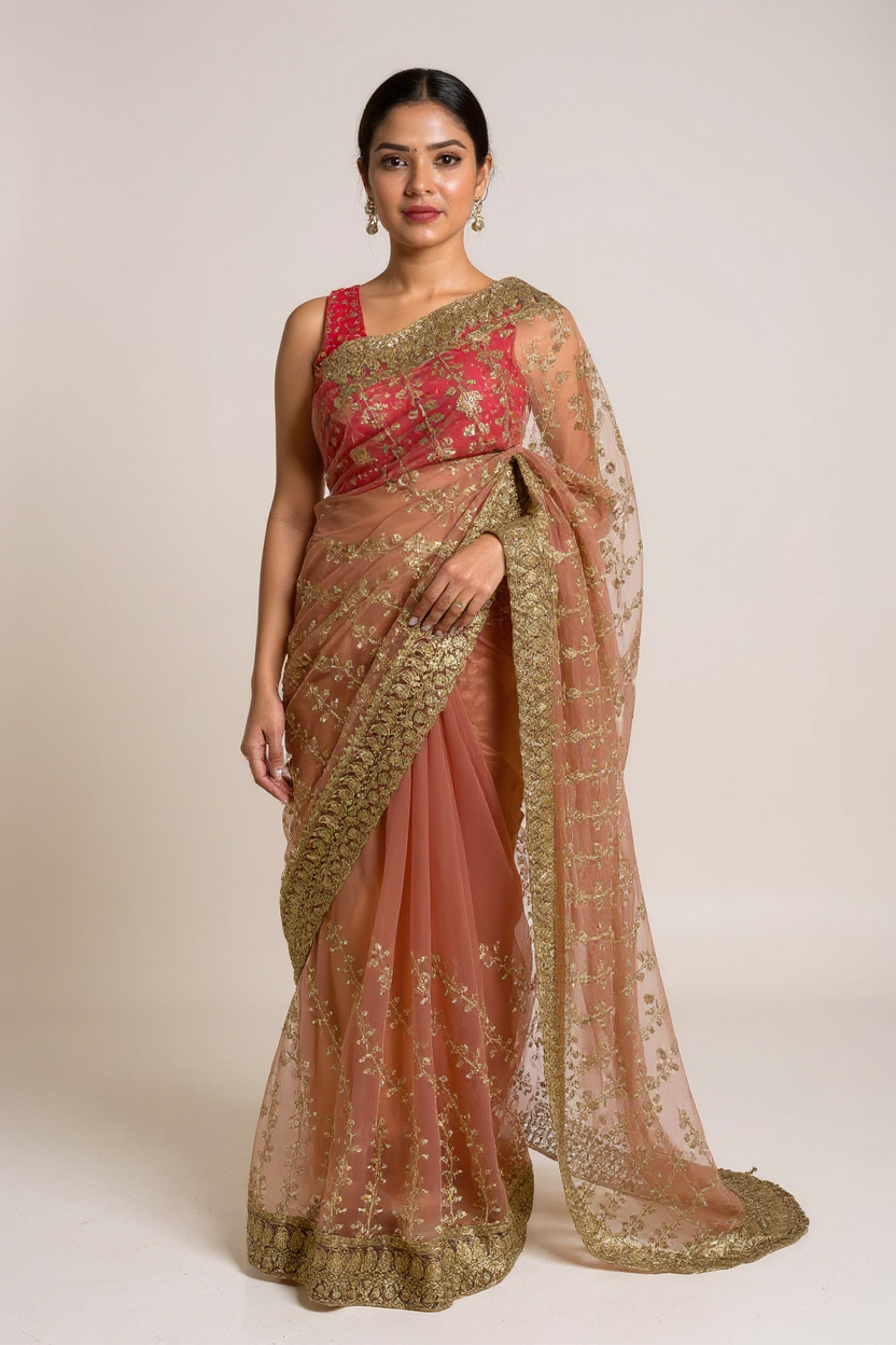 Fancy Peach Pink Saree with Elegant Golden Embroidery
