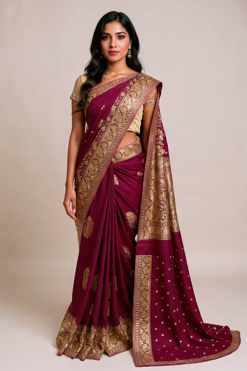 Graceful Maroon Georgette Saree with Gold Border