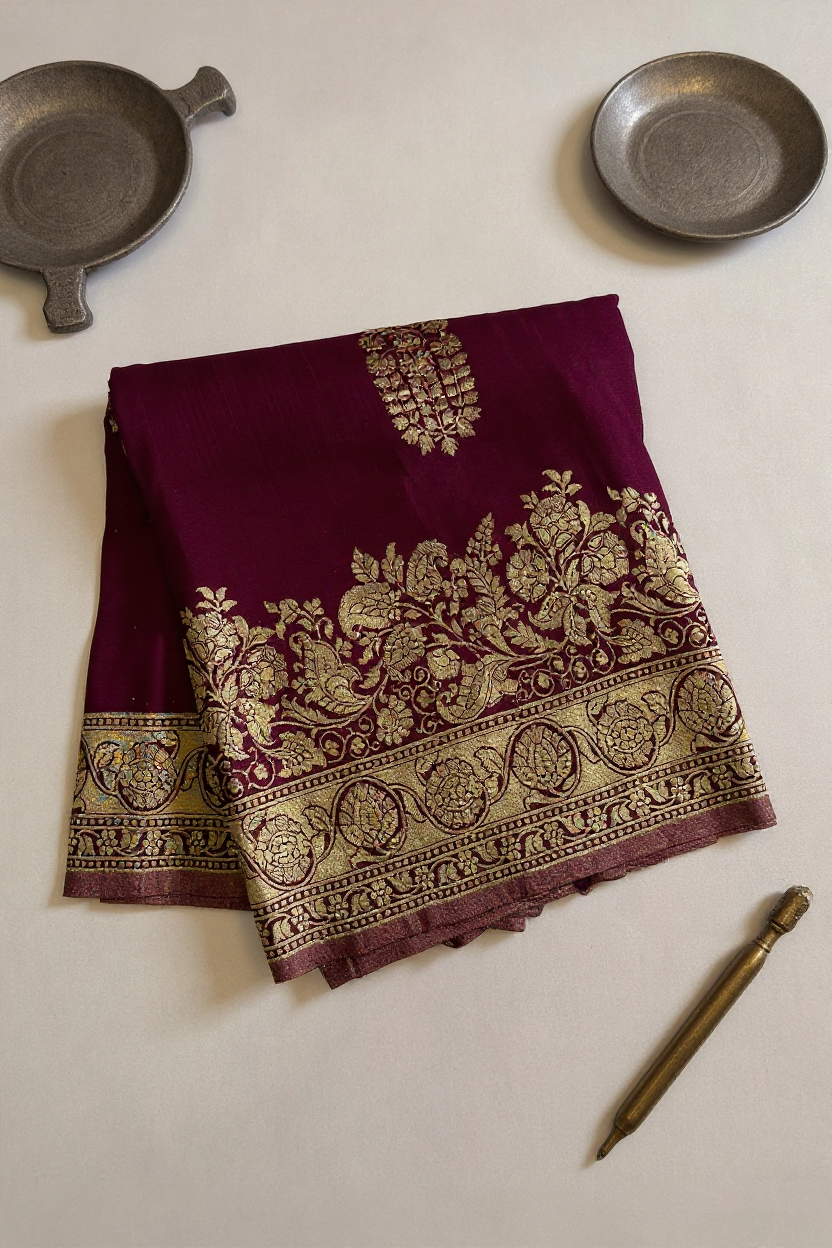 Graceful Maroon Georgette Saree with Gold Border