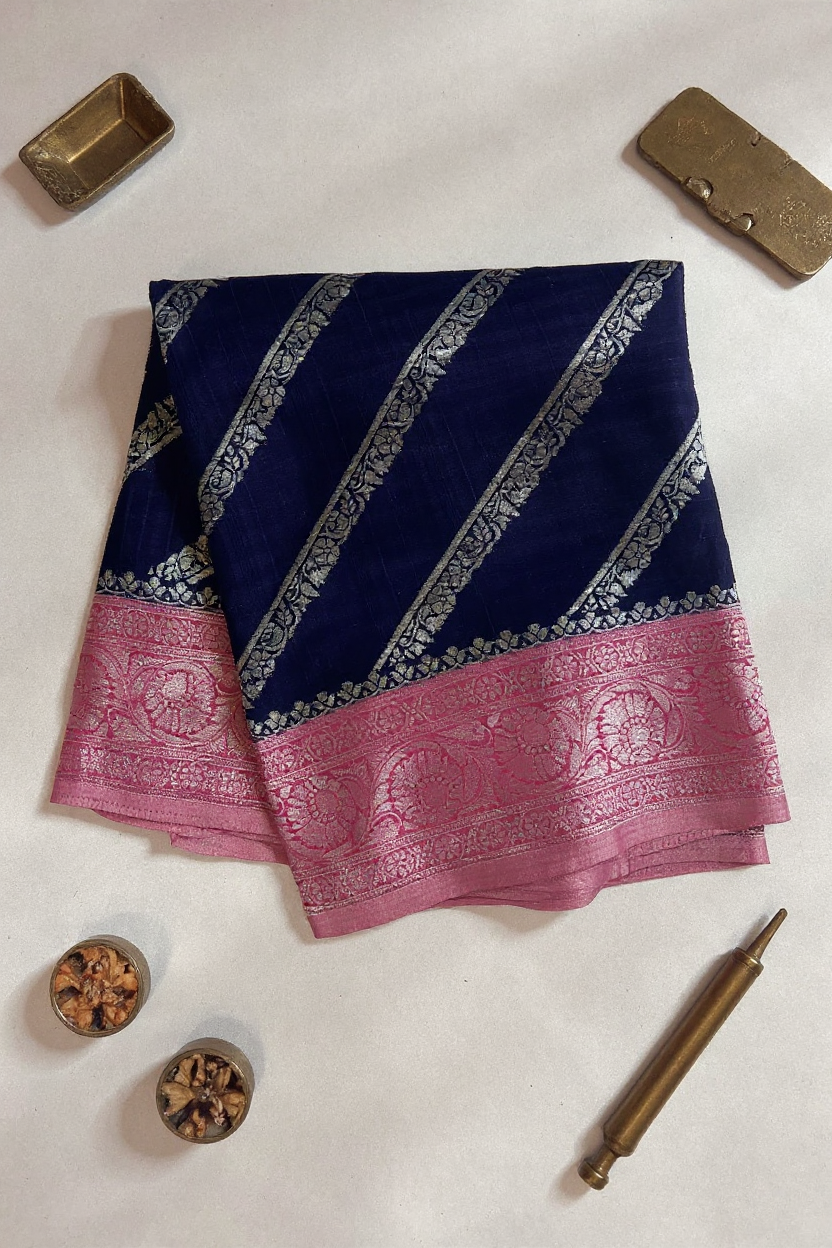 Elegant Navy Blue Georgette Saree with Soft Pink Border