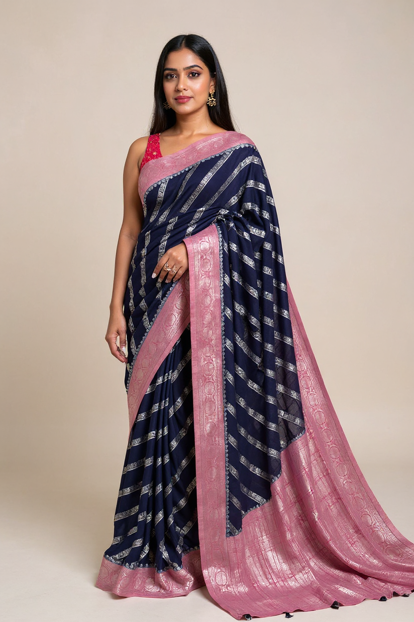 Elegant Navy Blue Georgette Saree with Soft Pink Border